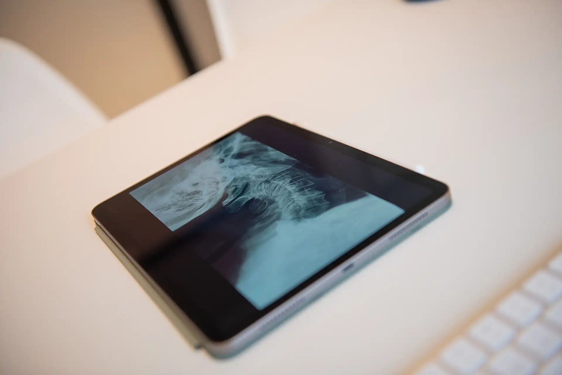 Medizinische Darstellung der Wirbelsäule auf einem Tablet